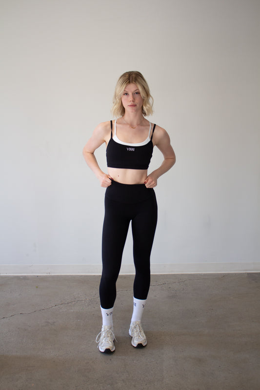 MAREN DOUBLE LAYER SPORTS BRA - JET BLACK + BRIGHT WHITE