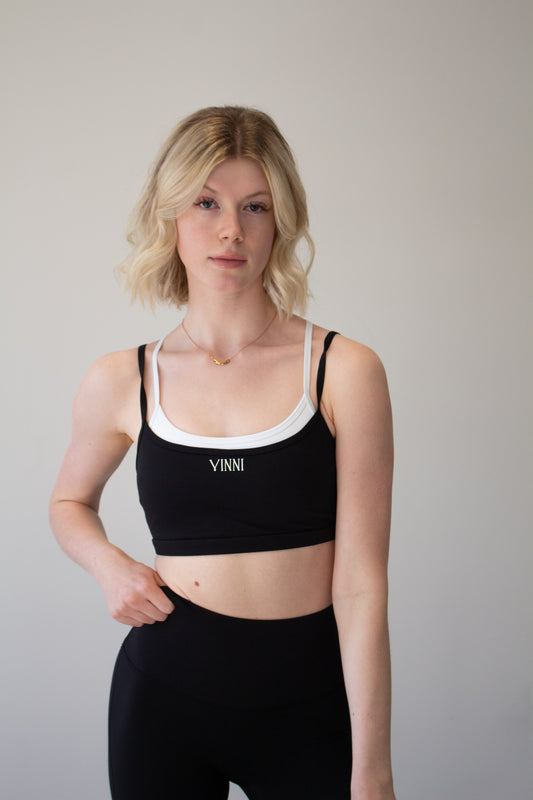 MAREN DOUBLE LAYER SPORTS BRA - JET BLACK + BRIGHT WHITE