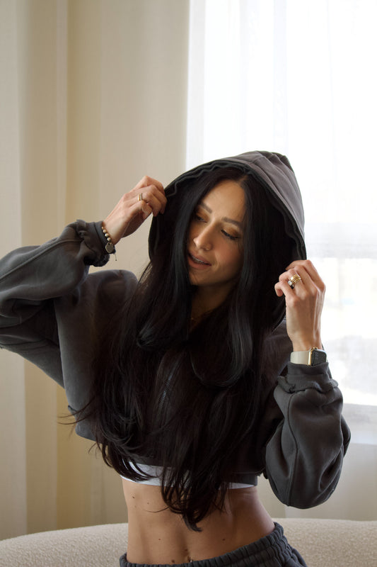 SAVANNAH ZIP CROP SWEATER - SLATE