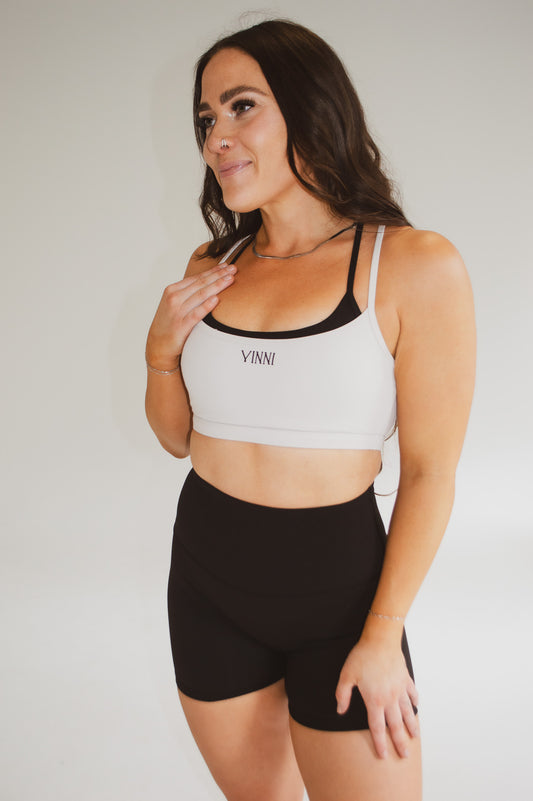 MAREN DOUBLE LAYER SPORTS BRA - OAT MILK + JET BLACK