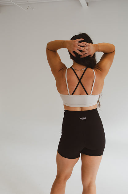 MAREN DOUBLE LAYER SPORTS BRA - OAT MILK + JET BLACK