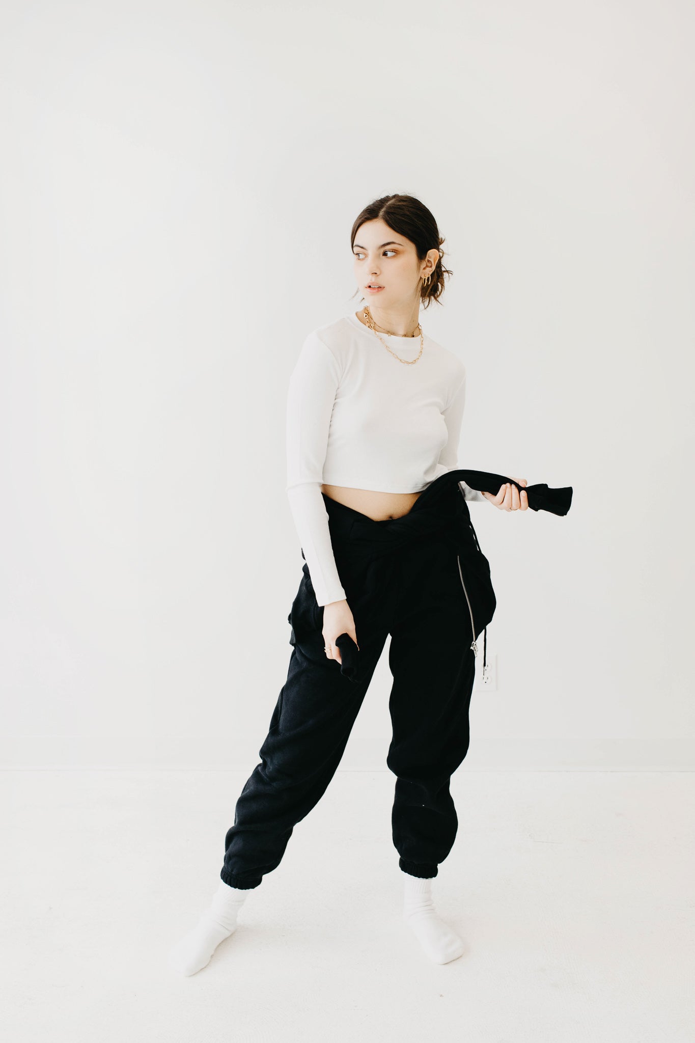 Black sweatsuit and white crop top